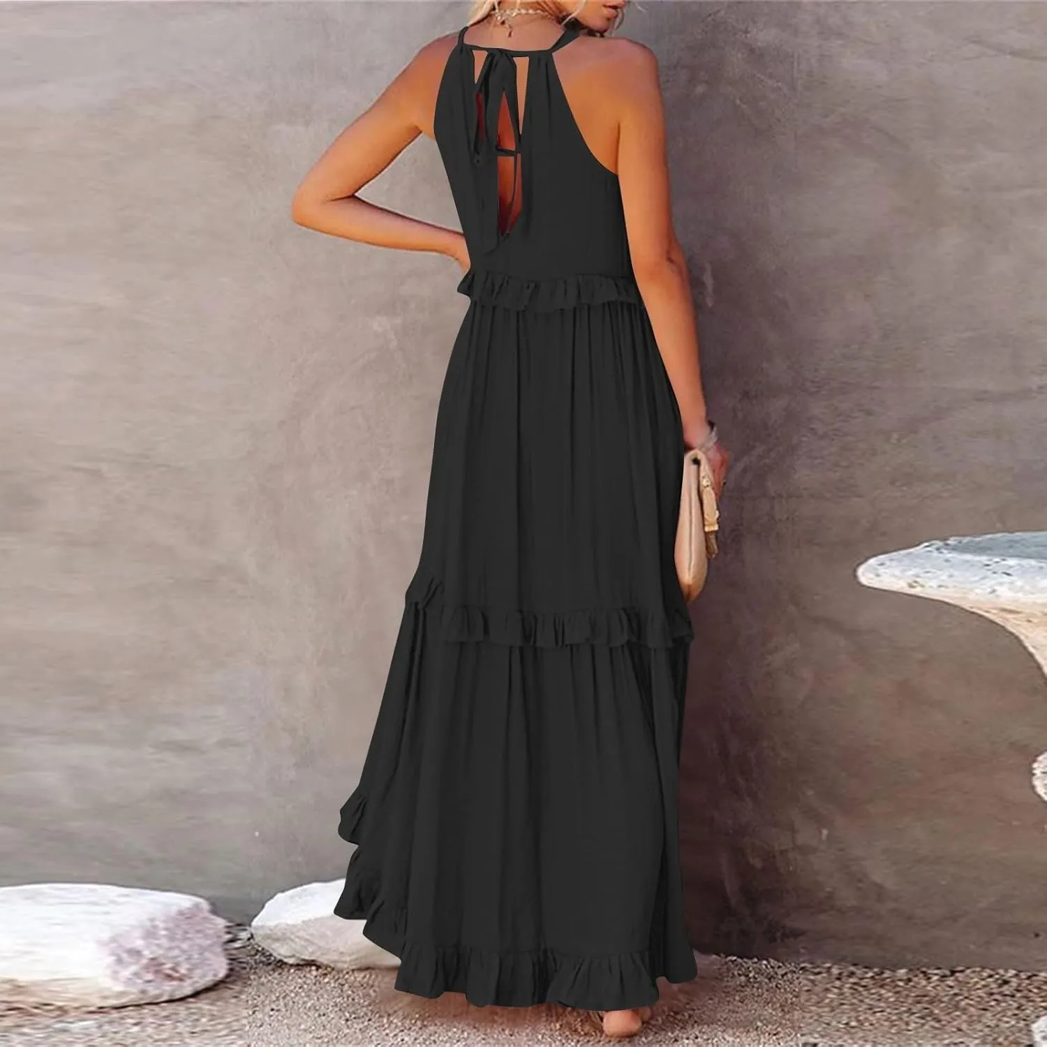 Smocked Halter Maxi Dress for Women Elegant Loose Flowy Tiered Ruffle Dress Summer Swing Tie Back Beach Dresses