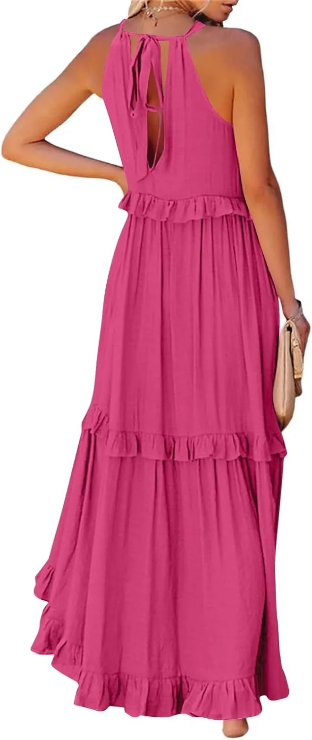 Smocked Halter Maxi Dress for Women Elegant Loose Flowy Tiered Ruffle Dress Summer Swing Tie Back Beach Dresses