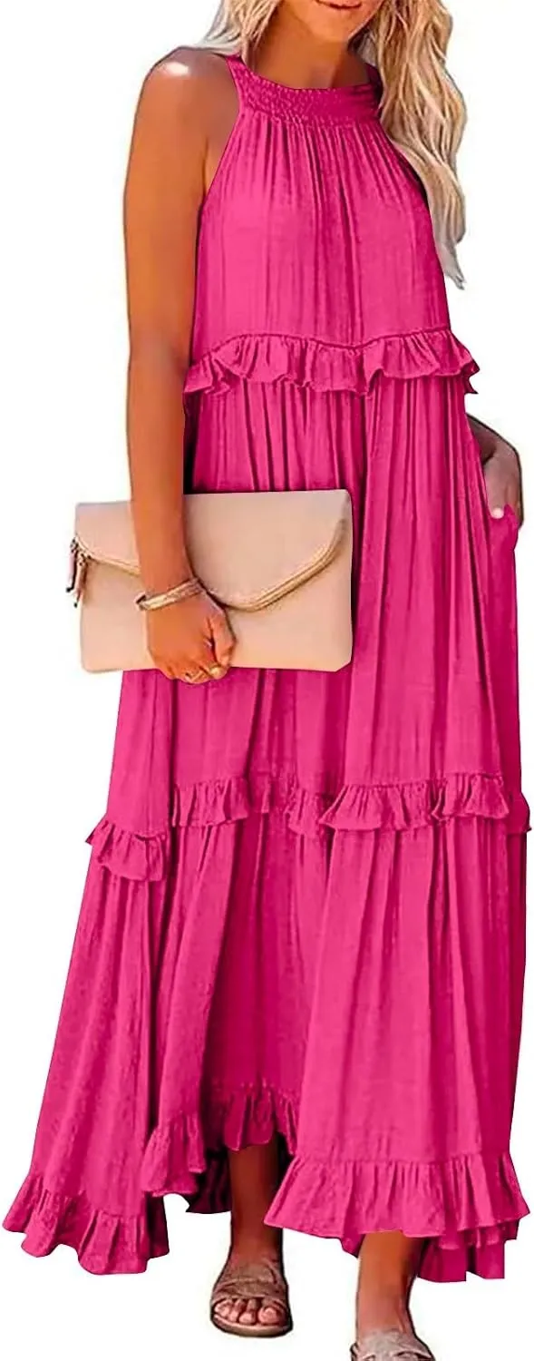 Smocked Halter Maxi Dress for Women Elegant Loose Flowy Tiered Ruffle Dress Summer Swing Tie Back Beach Dresses