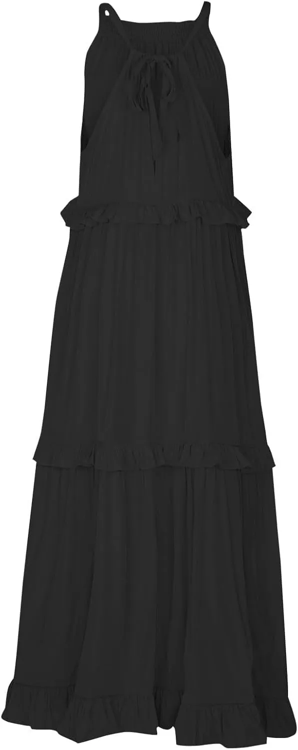 Smocked Halter Maxi Dress for Women Elegant Loose Flowy Tiered Ruffle Dress Summer Swing Tie Back Beach Dresses