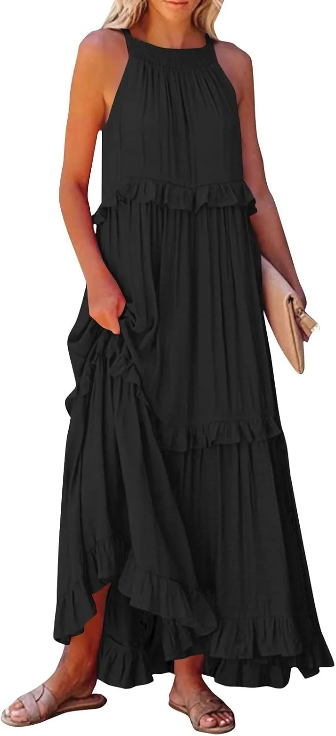 Smocked Halter Maxi Dress for Women Elegant Loose Flowy Tiered Ruffle Dress Summer Swing Tie Back Beach Dresses