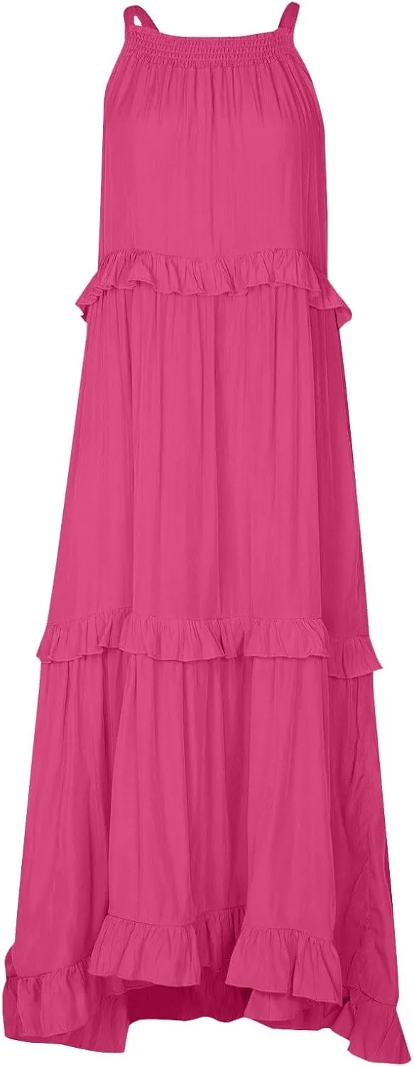 Smocked Halter Maxi Dress for Women Elegant Loose Flowy Tiered Ruffle Dress Summer Swing Tie Back Beach Dresses