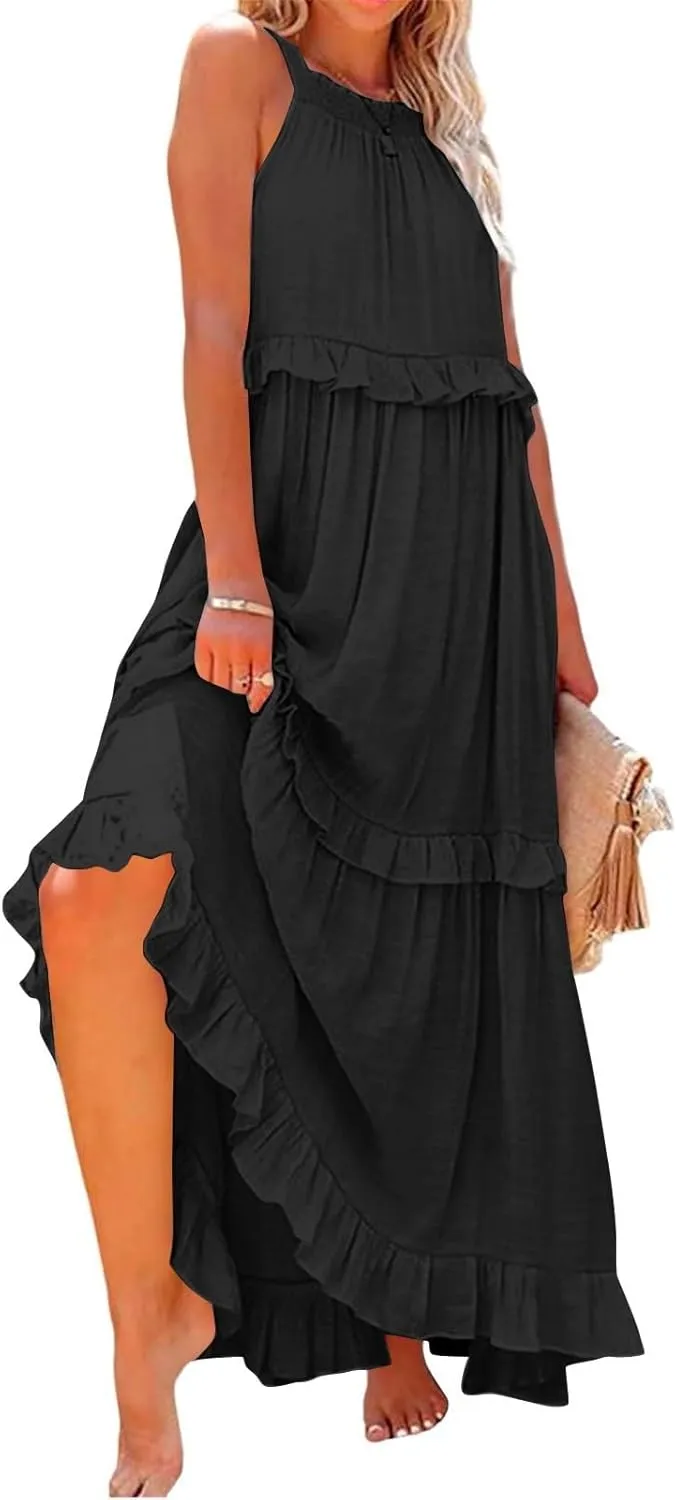 Smocked Halter Maxi Dress for Women Elegant Loose Flowy Tiered Ruffle Dress Summer Swing Tie Back Beach Dresses