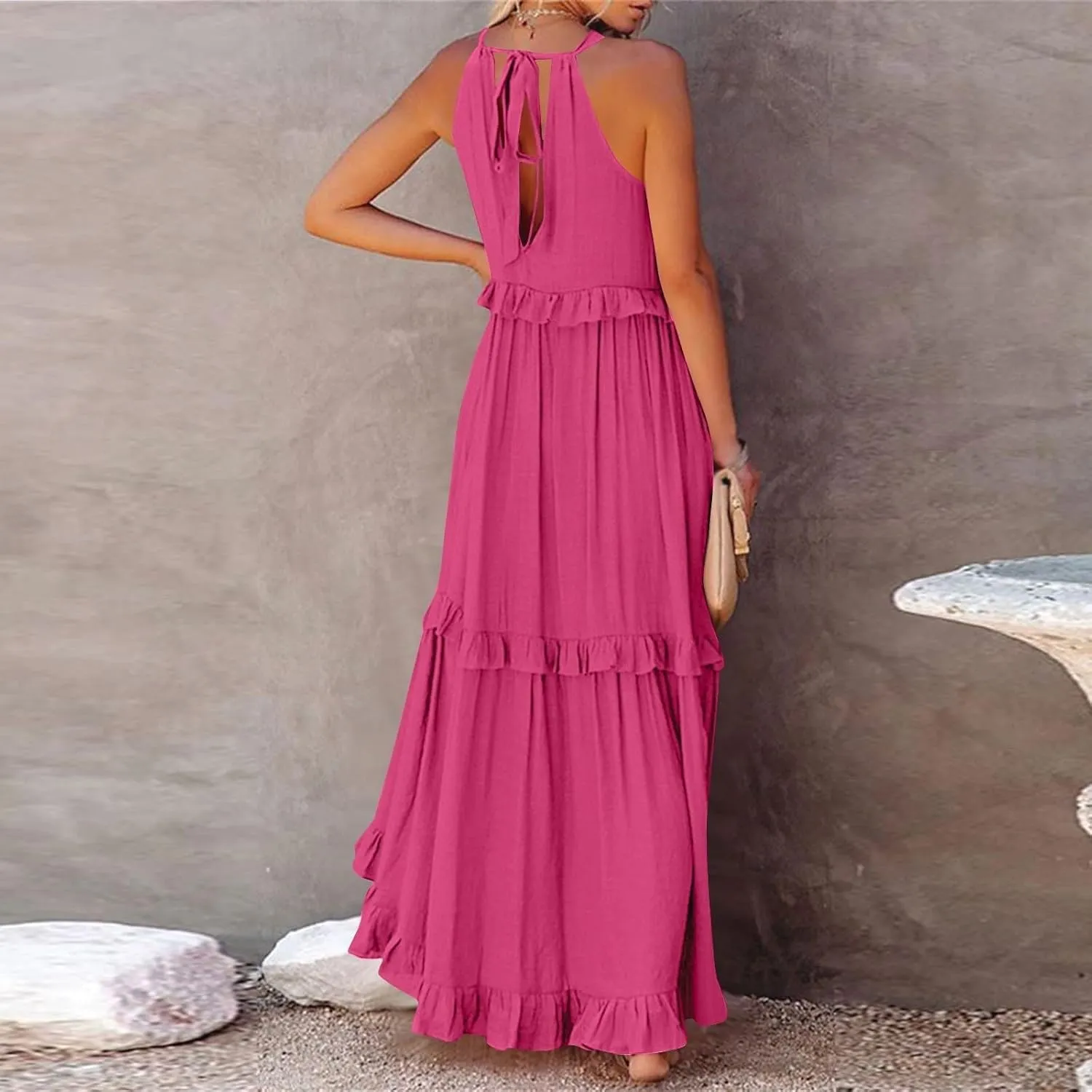 Smocked Halter Maxi Dress for Women Elegant Loose Flowy Tiered Ruffle Dress Summer Swing Tie Back Beach Dresses