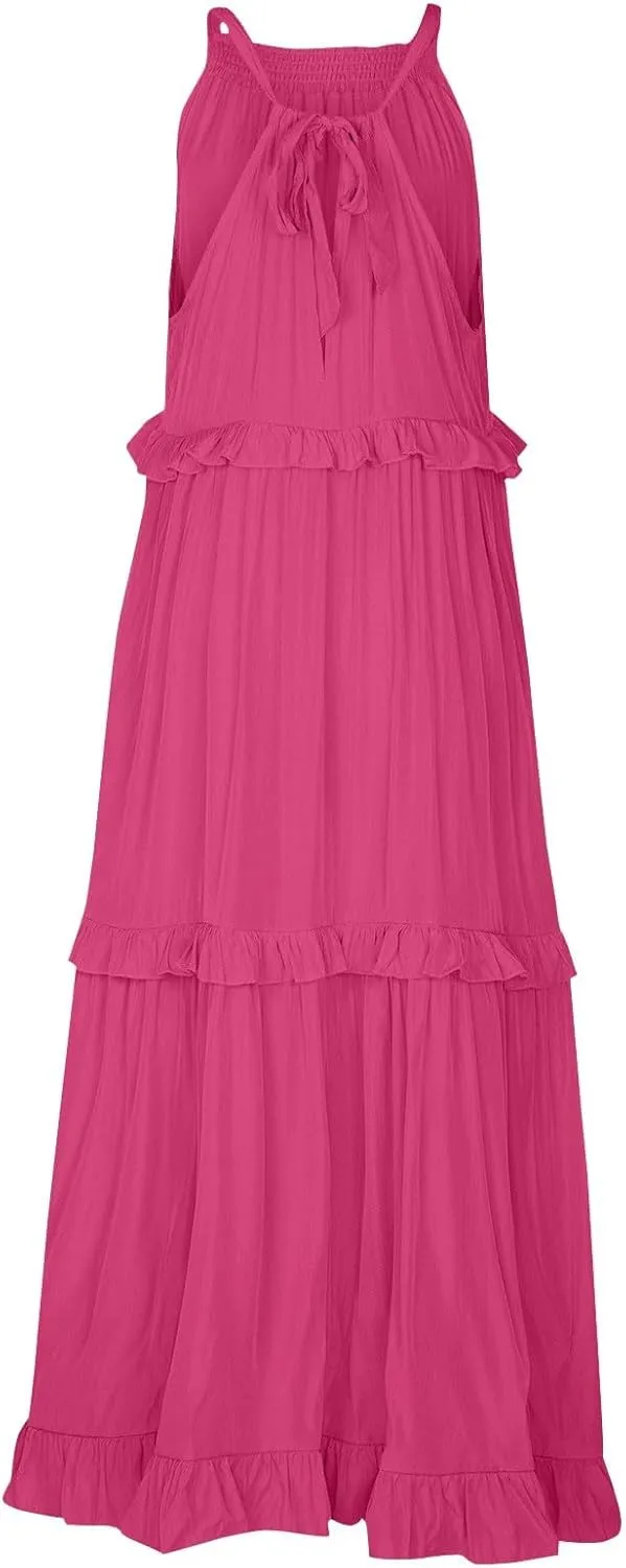Smocked Halter Maxi Dress for Women Elegant Loose Flowy Tiered Ruffle Dress Summer Swing Tie Back Beach Dresses