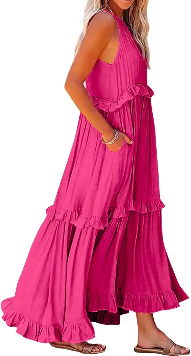 Smocked Halter Maxi Dress for Women Elegant Loose Flowy Tiered Ruffle Dress Summer Swing Tie Back Beach Dresses