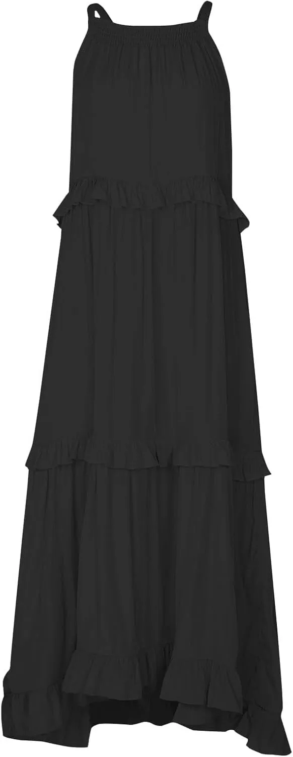 Smocked Halter Maxi Dress for Women Elegant Loose Flowy Tiered Ruffle Dress Summer Swing Tie Back Beach Dresses
