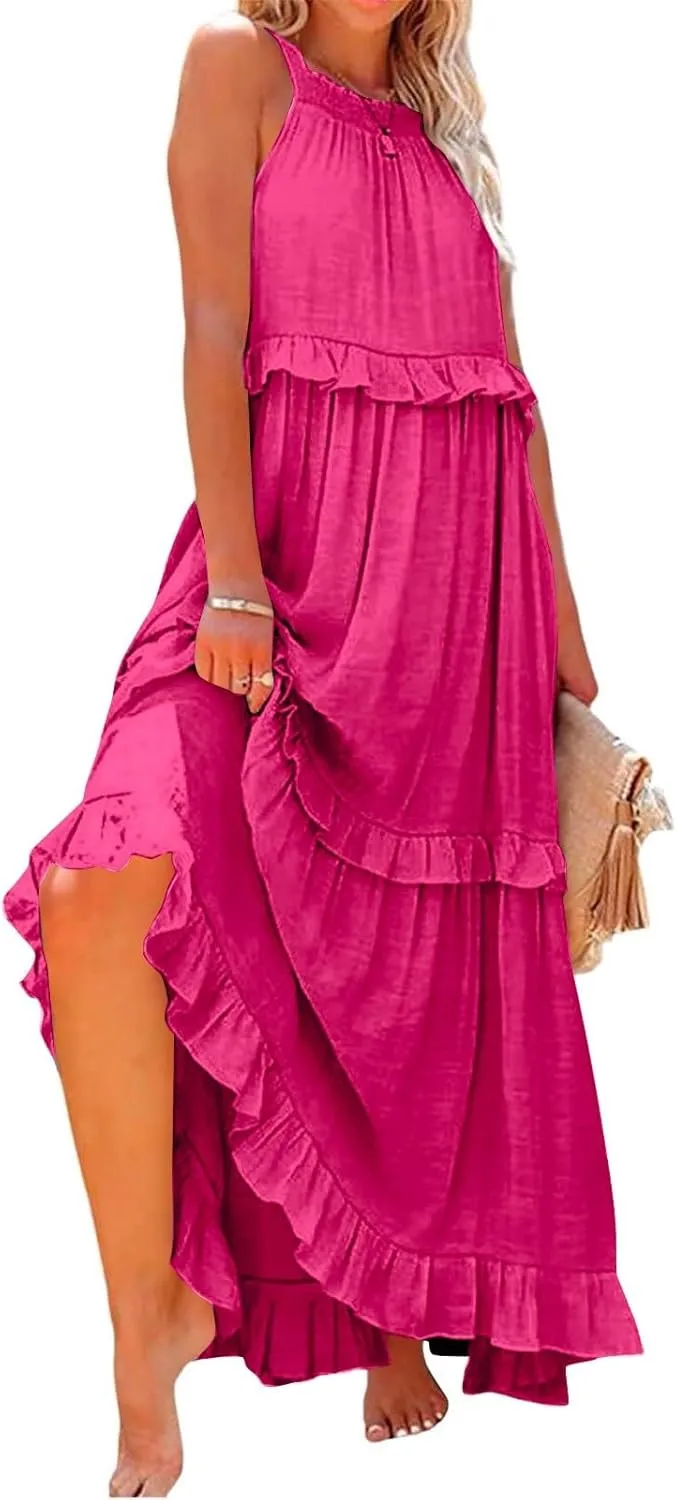 Smocked Halter Maxi Dress for Women Elegant Loose Flowy Tiered Ruffle Dress Summer Swing Tie Back Beach Dresses