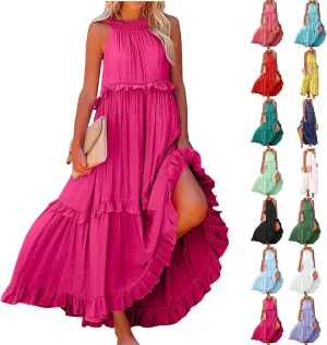 Smocked Halter Maxi Dress for Women Elegant Loose Flowy Tiered Ruffle Dress Summer Swing Tie Back Beach Dresses