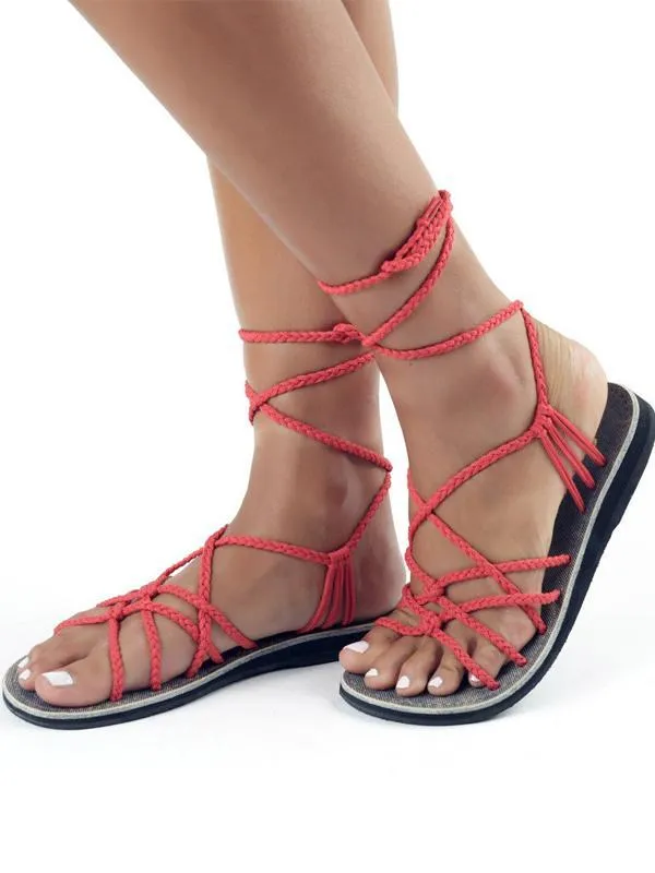 Solid Braid Lace Up Flat Sandals