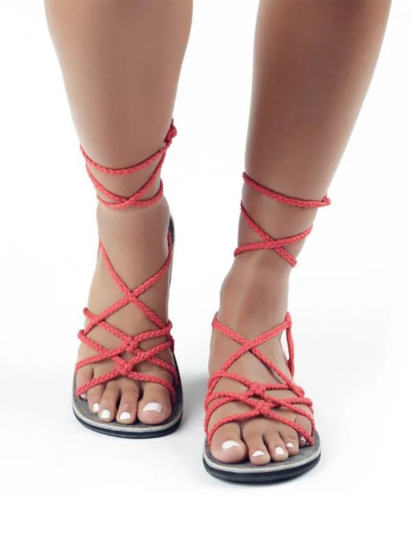 Solid Braid Lace Up Flat Sandals
