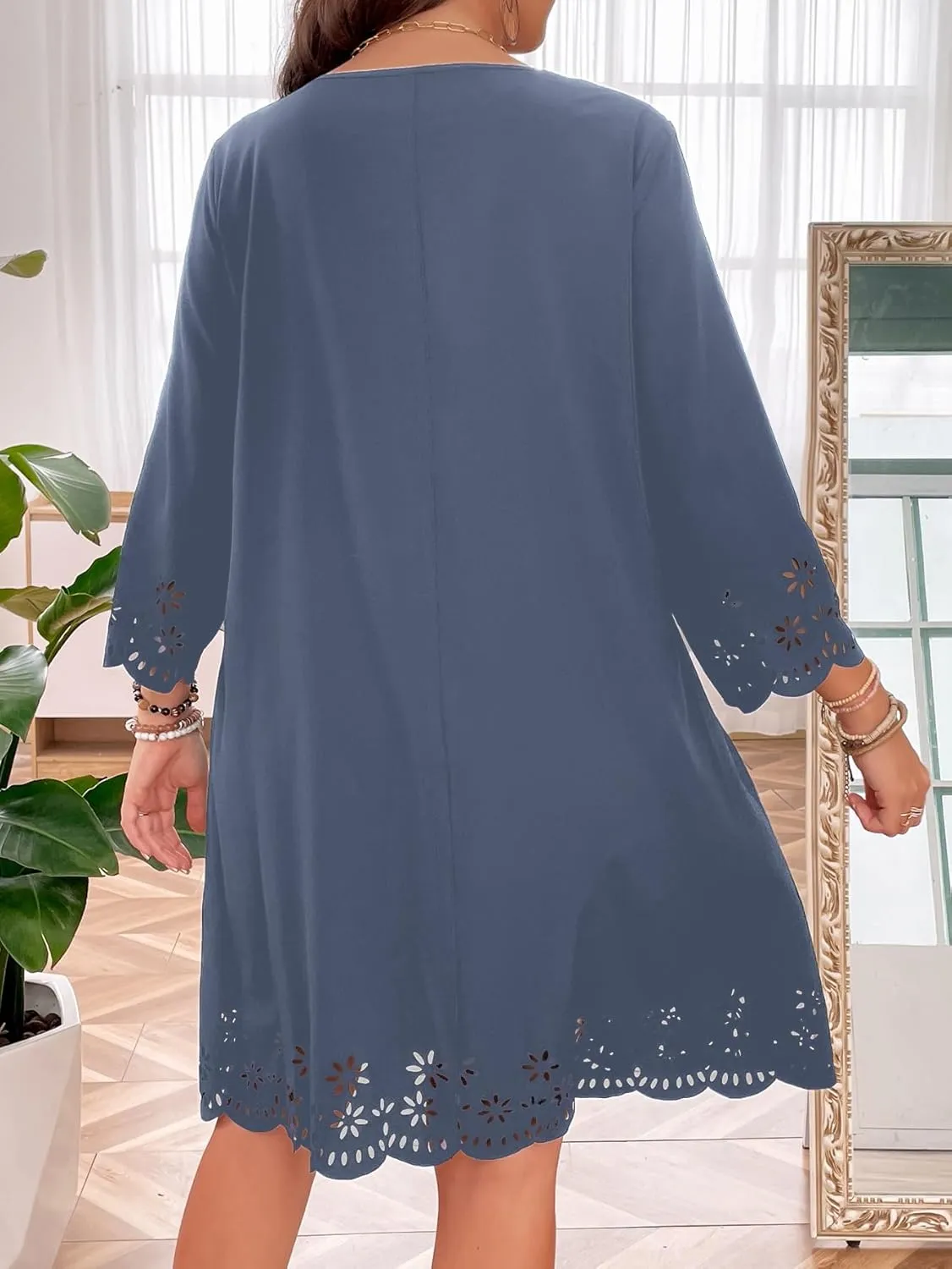 SOLY HUX Women's Plus Size Cut Out Scalloped Trim Tunic Dress 3/4 Sleeve Summer Short Dress