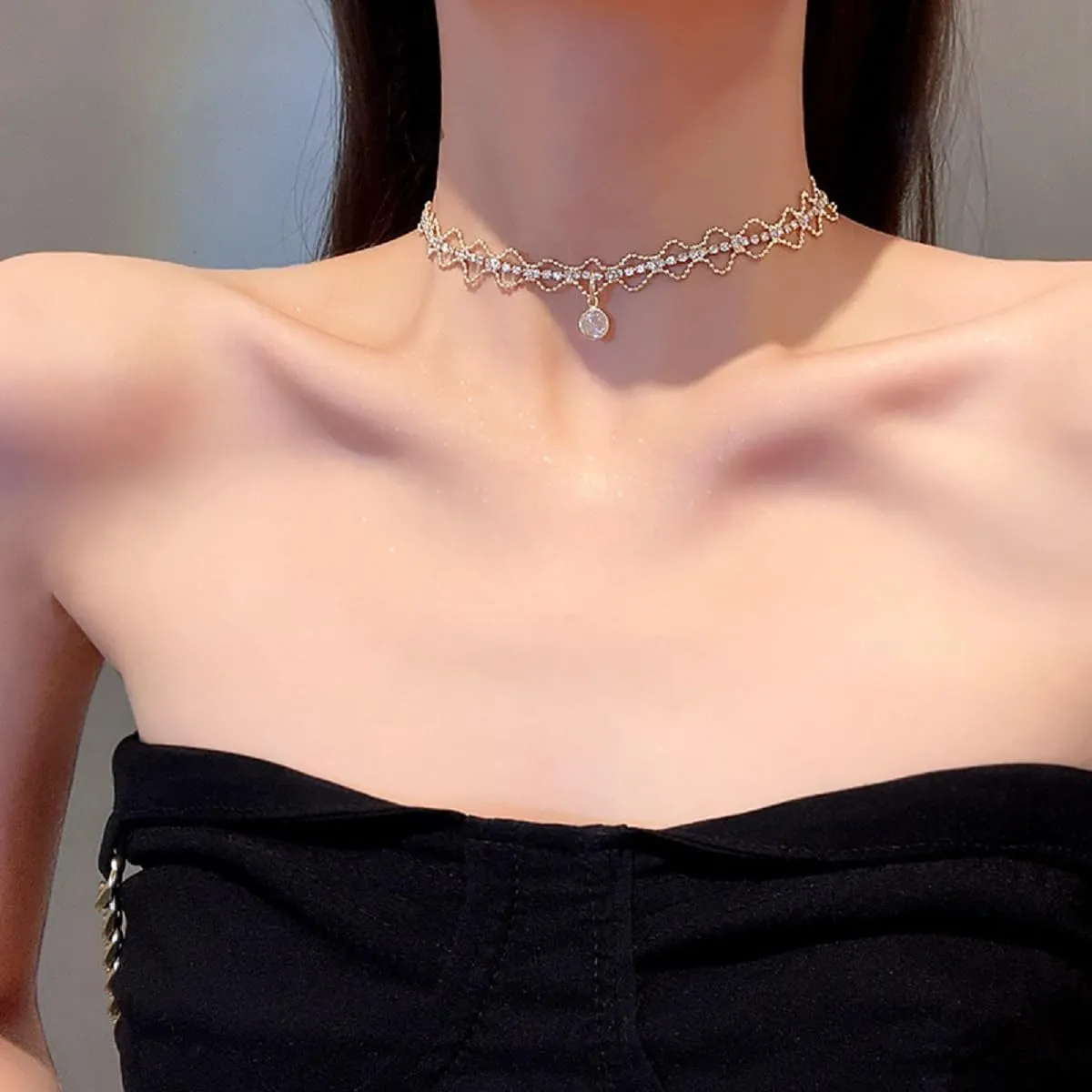 Sparkly CZ Tennis Chain Rhinestone Charm Choker Necklaces for Women Jewelry