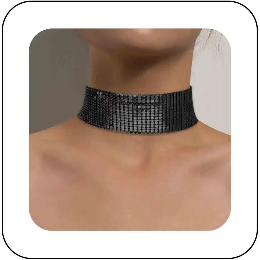 Sparkly Gold Mesh Choker Necklace Wide Metal Mesh Sequin Neck Necklace Bling Gold Sequin Collar Necklace Short Sequins Party Necklace Necklace Jewelry for Women