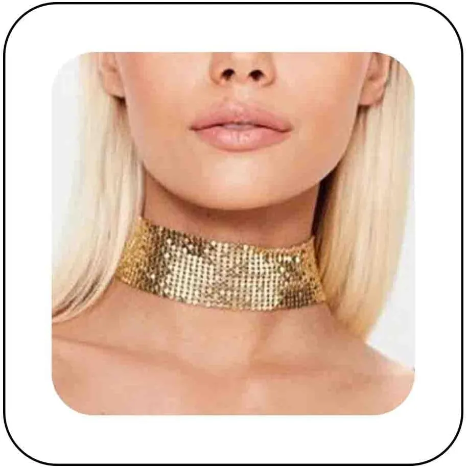 Sparkly Gold Mesh Choker Necklace Wide Metal Mesh Sequin Neck Necklace Bling Gold Sequin Collar Necklace Short Sequins Party Necklace Necklace Jewelry for Women