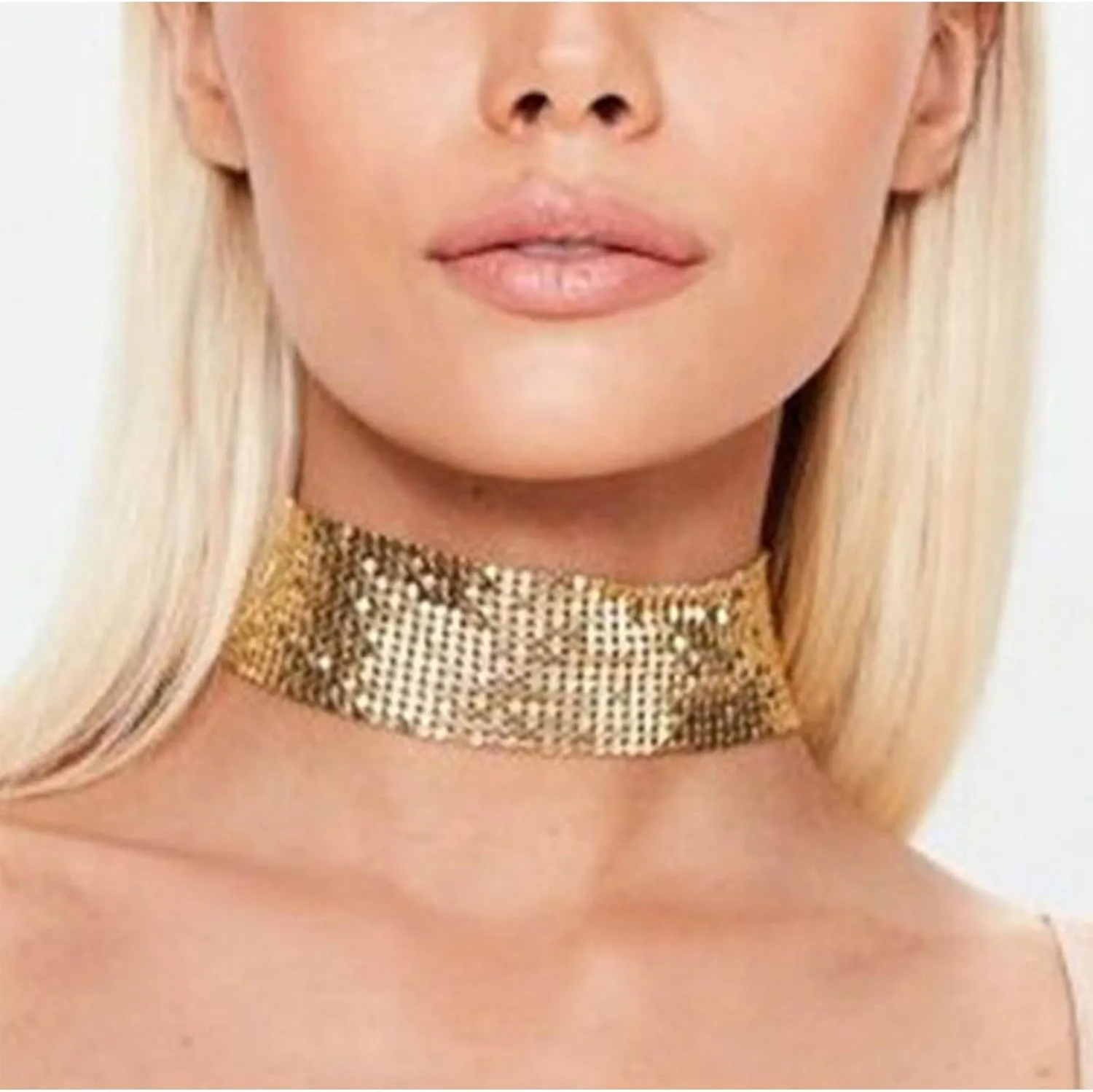 Sparkly Gold Mesh Choker Necklace Wide Metal Mesh Sequin Neck Necklace Bling Gold Sequin Collar Necklace Short Sequins Party Necklace Necklace Jewelry for Women