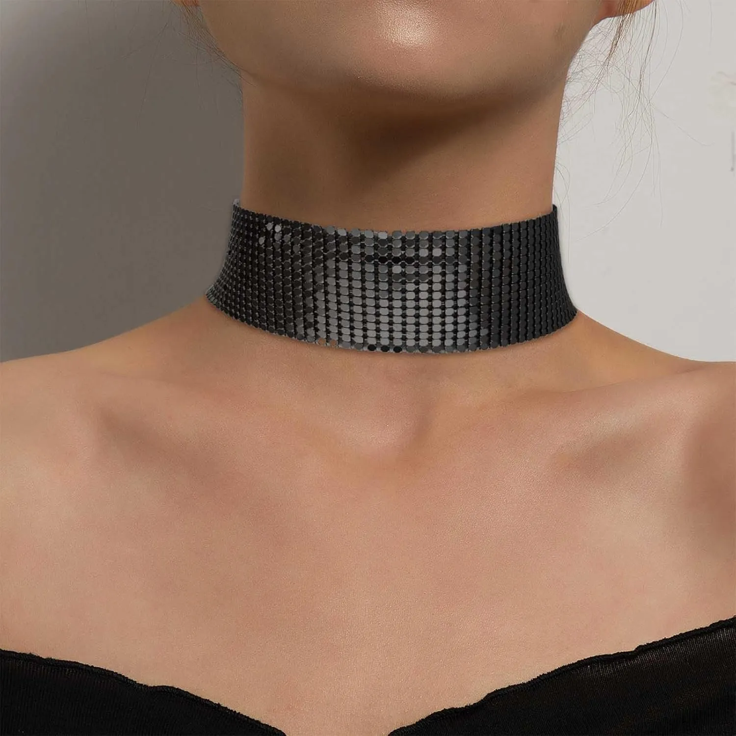 Sparkly Gold Mesh Choker Necklace Wide Metal Mesh Sequin Neck Necklace Bling Gold Sequin Collar Necklace Short Sequins Party Necklace Necklace Jewelry for Women