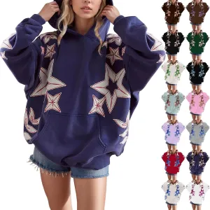 Star Graphic Hoodie Y2k Star Print Sweatshirt Long Sleeve Pocket Pullover Tops Cue Oversized Graphic Hoodies