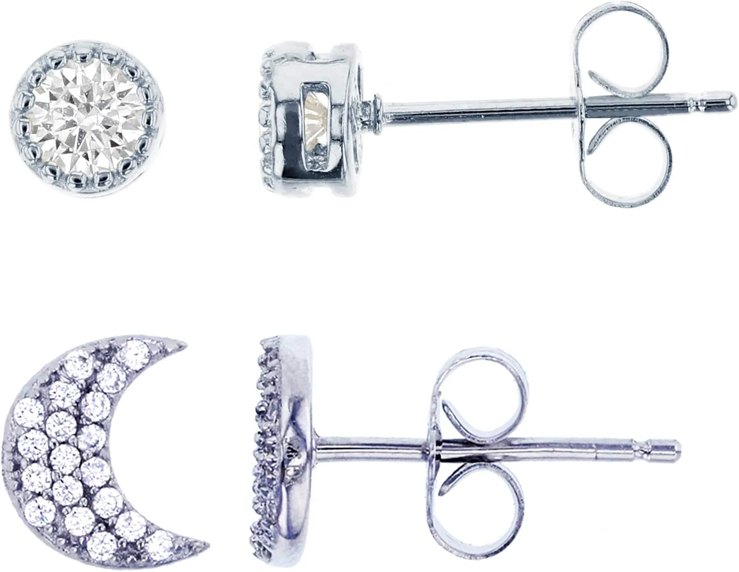 Sterling Silver Rhodium Round Cubic Zirconia Moon & Milgrane Solitare Stud Earrings Kits