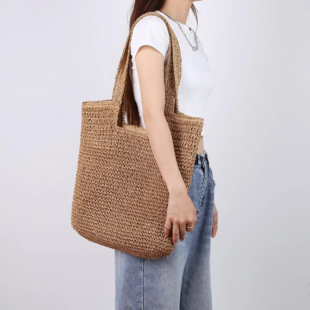 Straw Beach Bags for Women Woven Tote Bag Shoulder Handbags Foldable Shoulder Handbags for Travel Vacation