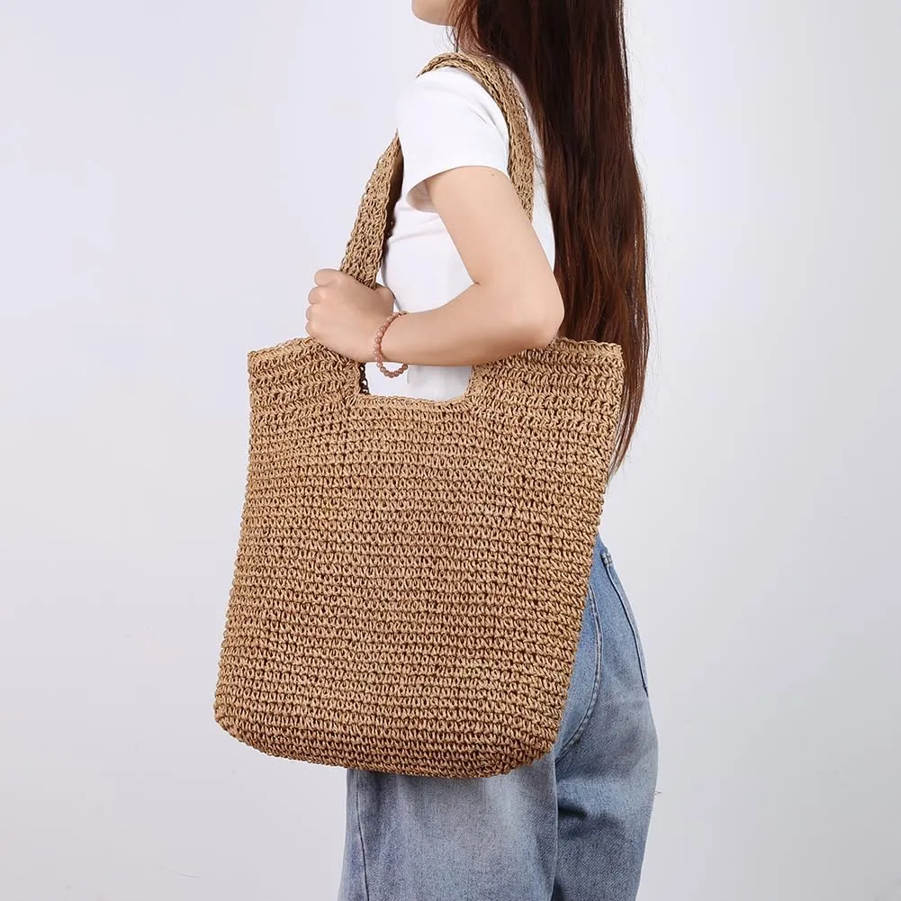 Straw Beach Bags for Women Woven Tote Bag Shoulder Handbags Foldable Shoulder Handbags for Travel Vacation