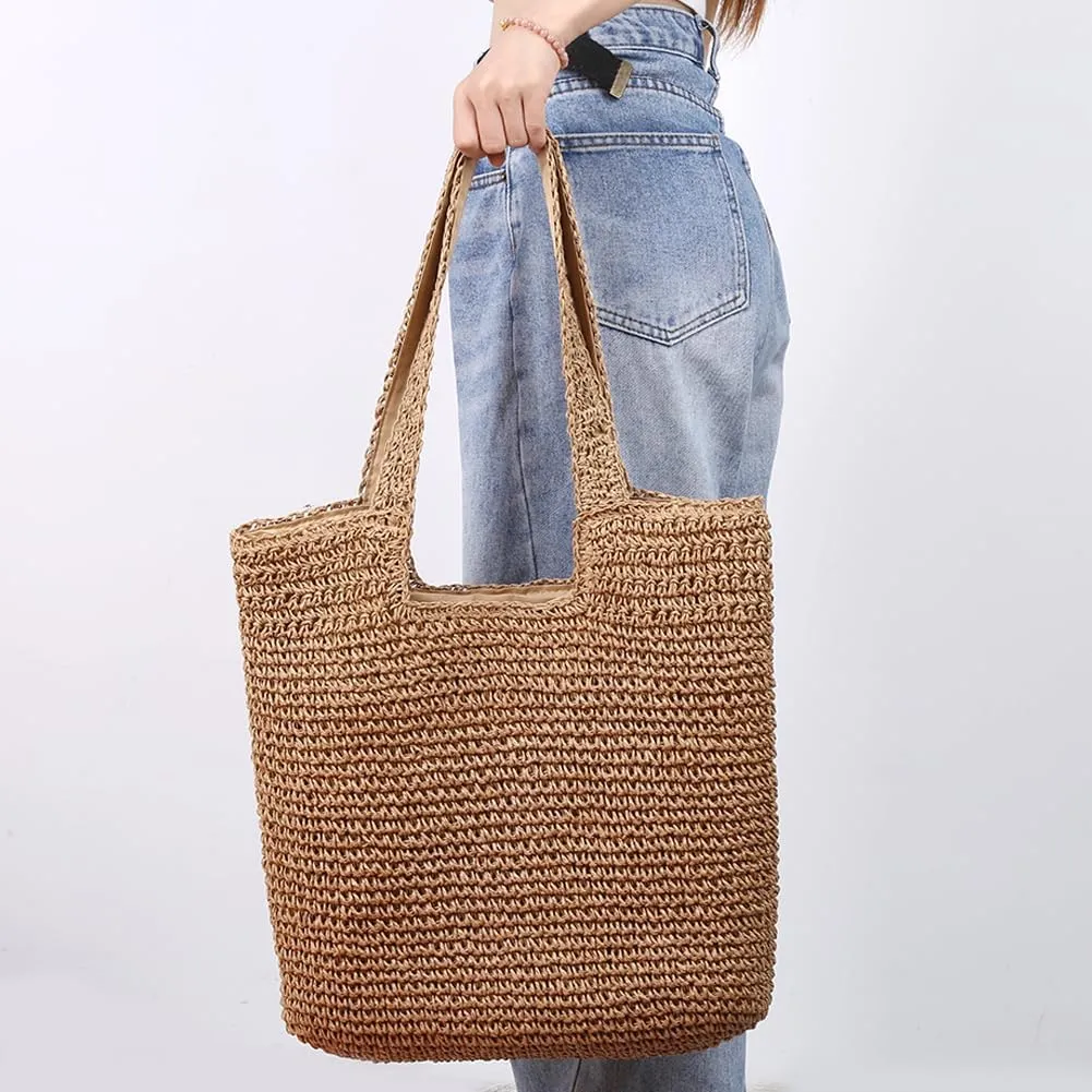 Straw Beach Bags for Women Woven Tote Bag Shoulder Handbags Foldable Shoulder Handbags for Travel Vacation
