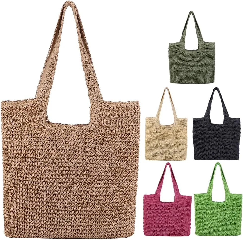 Straw Beach Bags for Women Woven Tote Bag Shoulder Handbags Foldable Shoulder Handbags for Travel Vacation