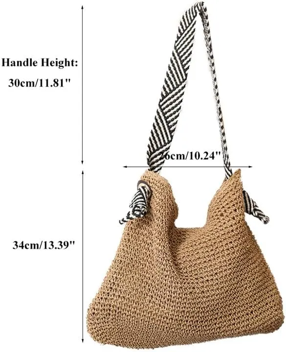 Straw Big Purse Shoulder Tote for Women Summer Beach Shoulder Handbag Straw-Woven Large Hobo Purse for Travel Brown