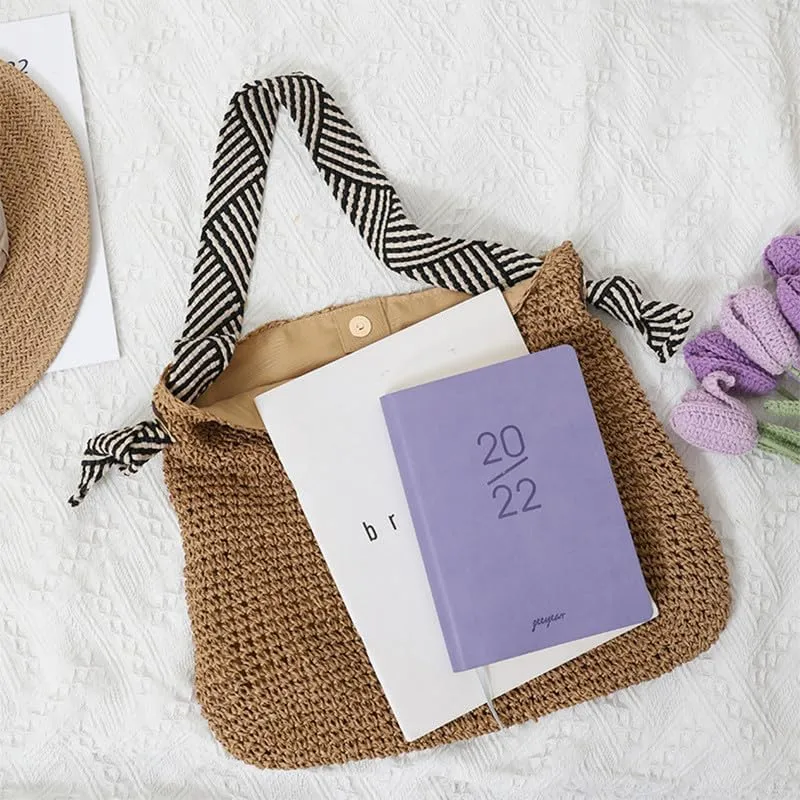 Straw Big Purse Shoulder Tote for Women Summer Beach Shoulder Handbag Straw-Woven Large Hobo Purse for Travel Brown