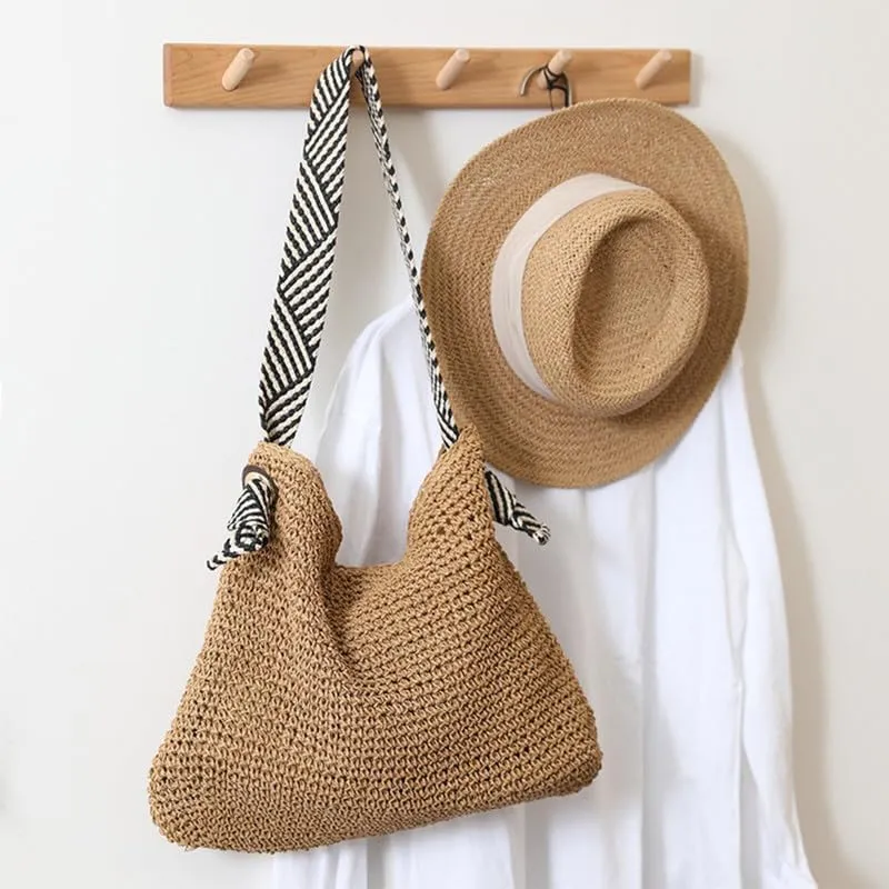 Straw Big Purse Shoulder Tote for Women Summer Beach Shoulder Handbag Straw-Woven Large Hobo Purse for Travel Brown