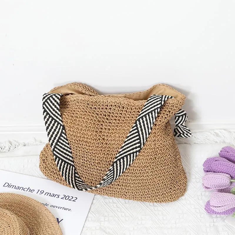 Straw Big Purse Shoulder Tote for Women Summer Beach Shoulder Handbag Straw-Woven Large Hobo Purse for Travel Brown