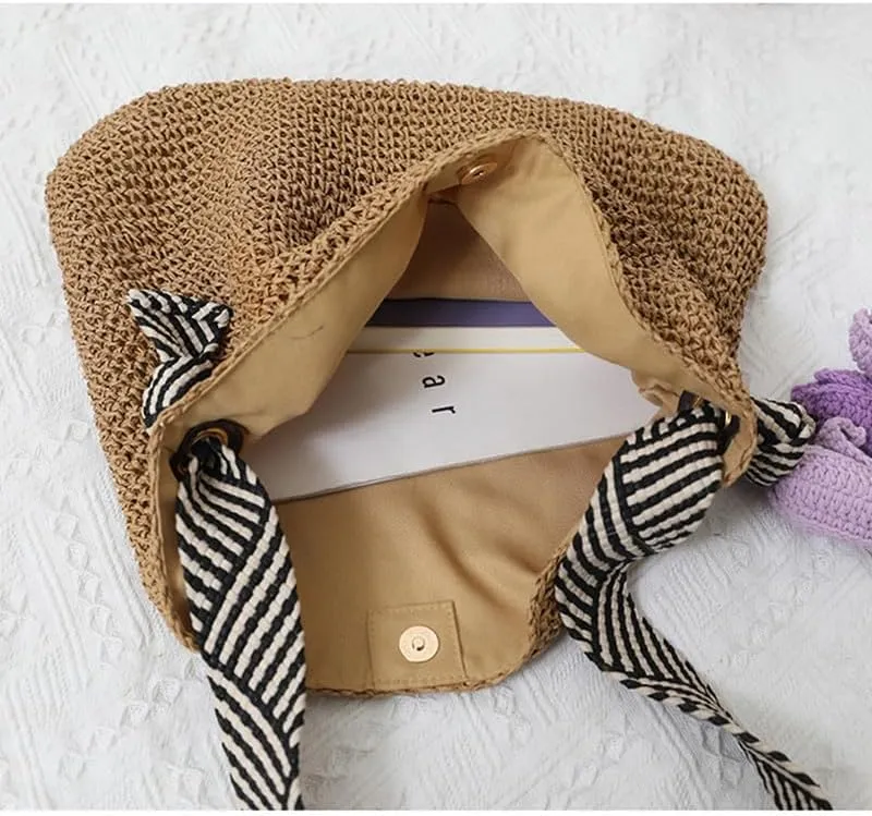 Straw Big Purse Shoulder Tote for Women Summer Beach Shoulder Handbag Straw-Woven Large Hobo Purse for Travel Brown