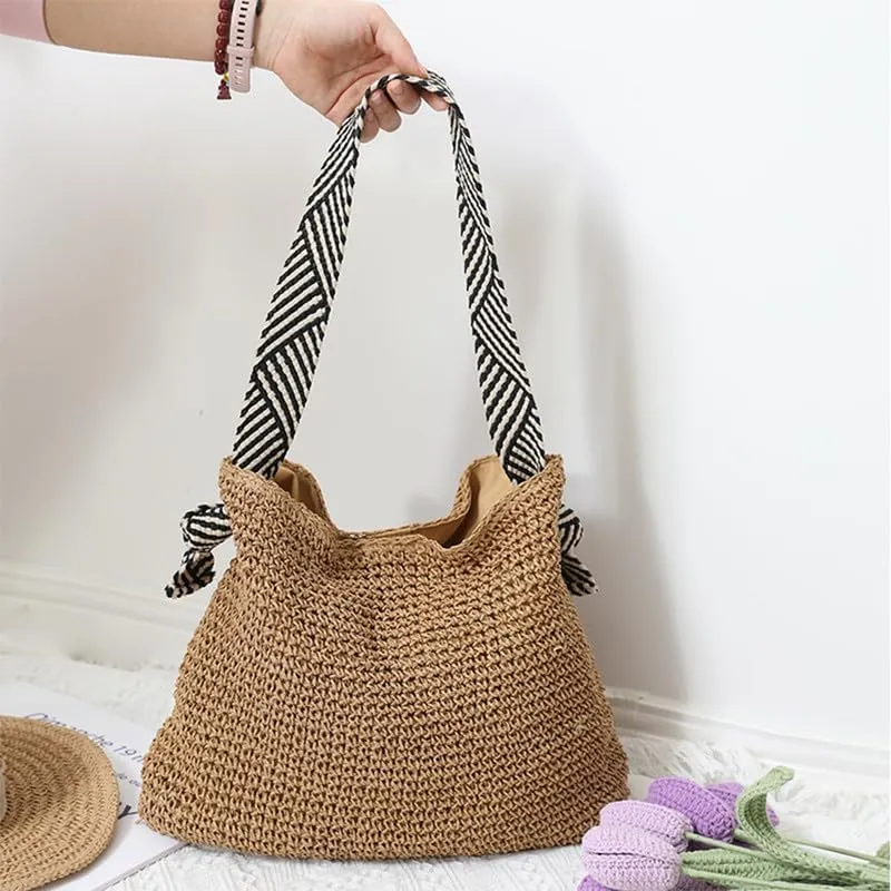 Straw Big Purse Shoulder Tote for Women Summer Beach Shoulder Handbag Straw-Woven Large Hobo Purse for Travel Brown
