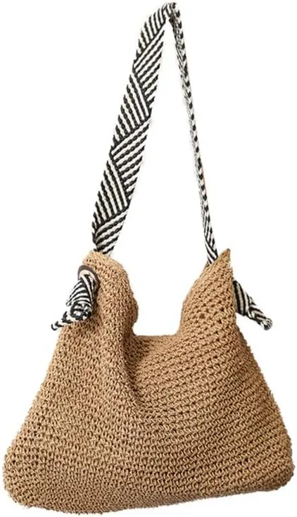 Straw Big Purse Shoulder Tote for Women Summer Beach Shoulder Handbag Straw-Woven Large Hobo Purse for Travel Brown
