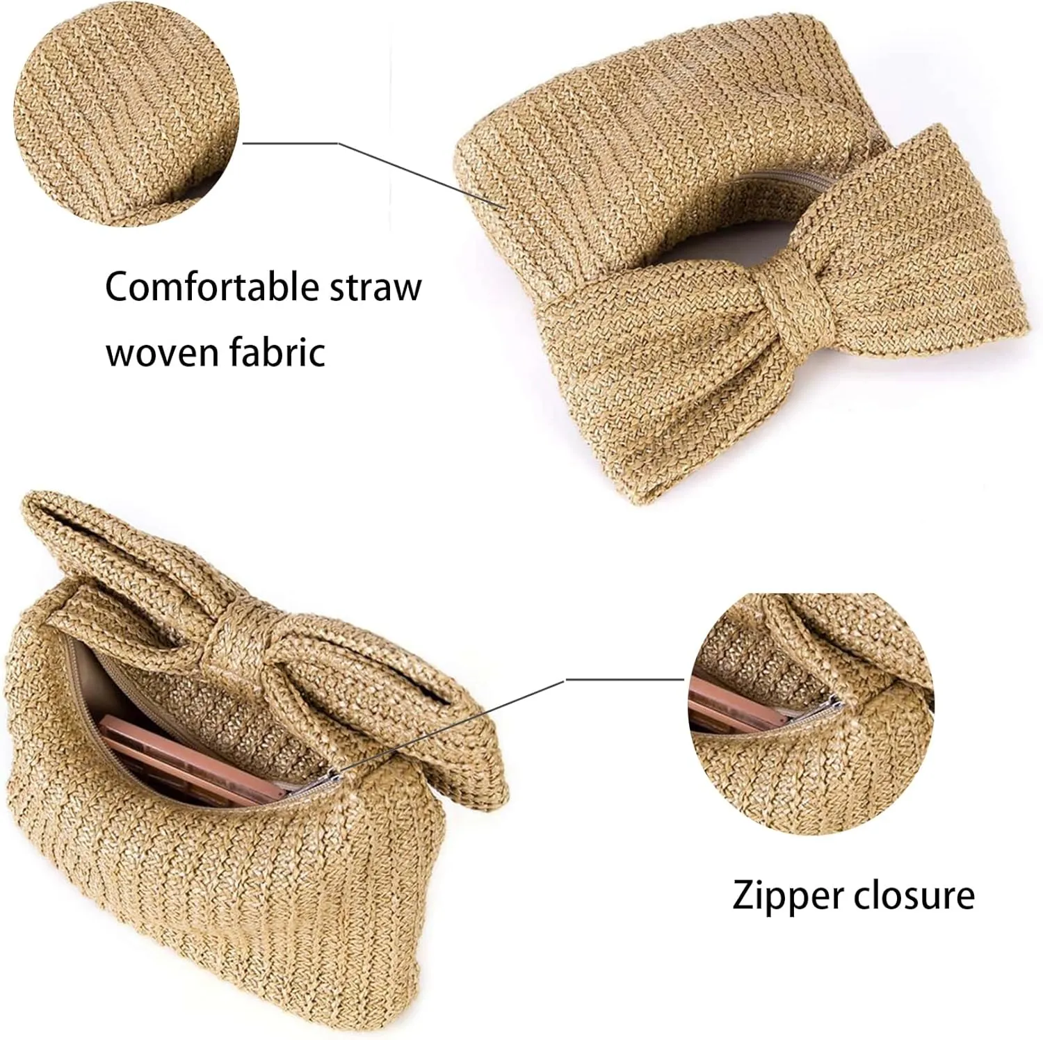Straw Clutch Bag, Women Bow Purse, Summer Beach Woven Handbag, for Party Wedding Vocation 2024