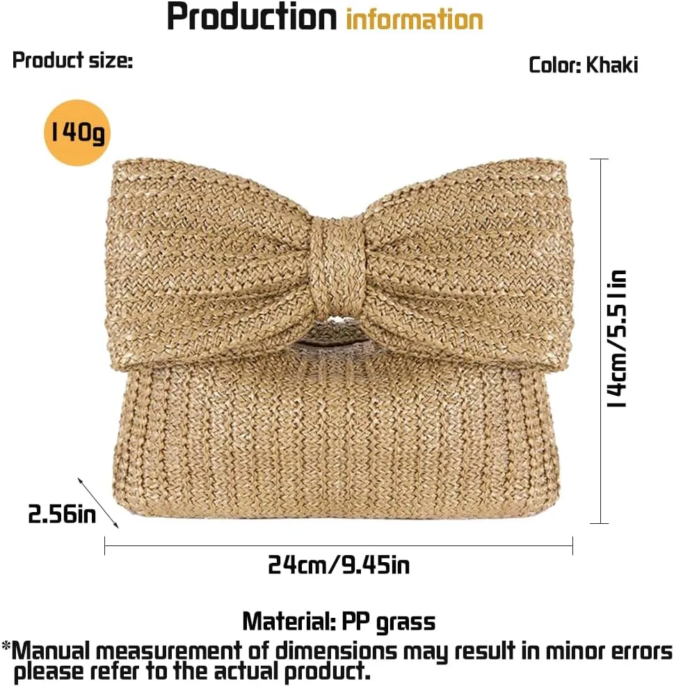 Straw Clutch Purse for Women, Summer Handmade Woven Bow Purse and Handbag Evening Bag for Beach Party Wedding Vacation