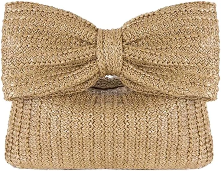 Straw Clutch Purse for Women, Summer Handmade Woven Bow Purse and Handbag Evening Bag for Beach Party Wedding Vacation