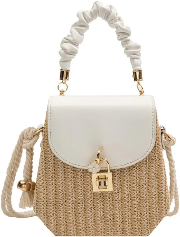 Straw Crossbody Bag for Women, Hand Woven Leather Top Handle Satchel Handbag Summer Beach Bag for Vacation