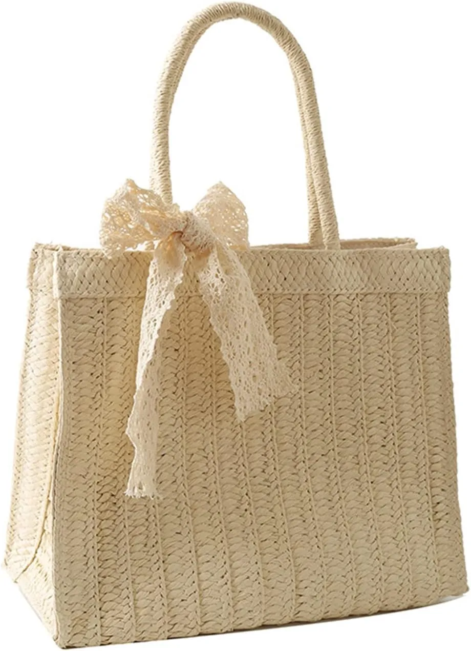 Straw Tote Bag for Women Fashion Shoulder Bag Hobo Handbag Large Beach Purse Satchel with Ribbon, One Color, One Size