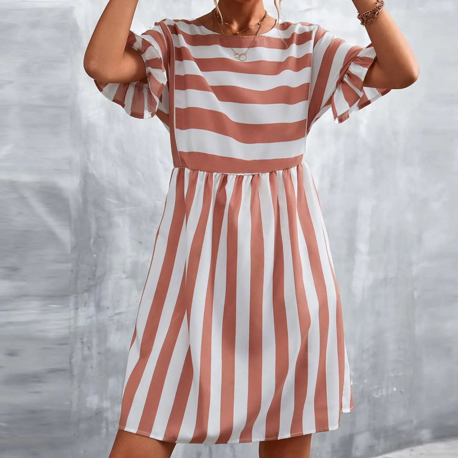 Striped Mini Dress for Women Summer Ruffle Sleeve Loose T Shirt Dress Crewneck Pleated Casual Dress with Pockets