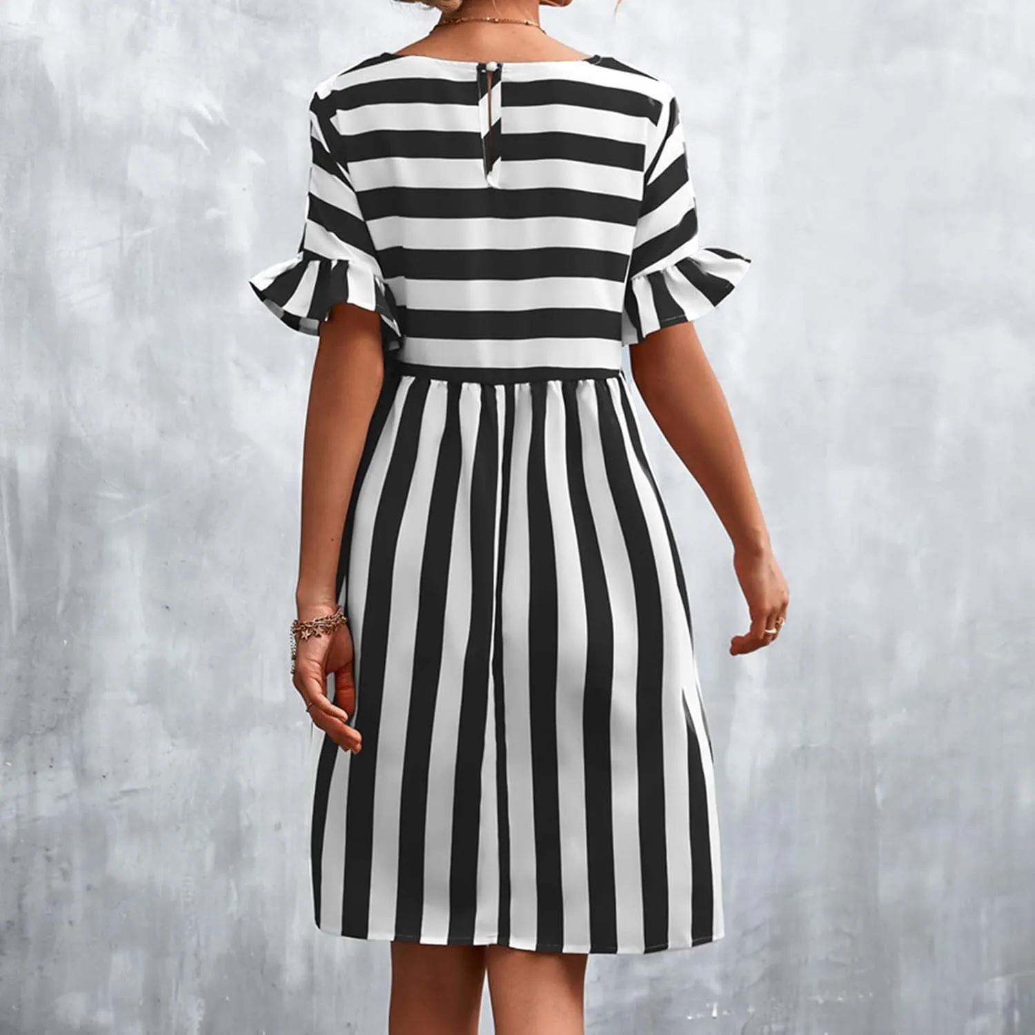Striped Mini Dress for Women Summer Ruffle Sleeve Loose T Shirt Dress Crewneck Pleated Casual Dress with Pockets