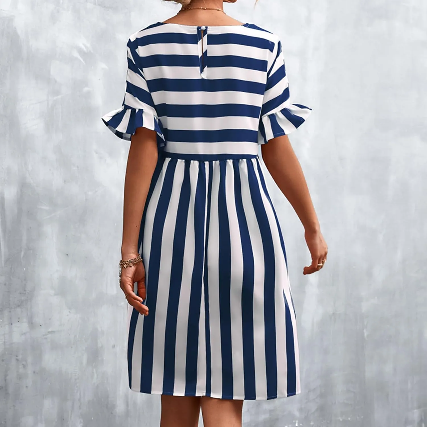 Striped Mini Dress for Women Summer Ruffle Sleeve Loose T Shirt Dress Crewneck Pleated Casual Dress with Pockets