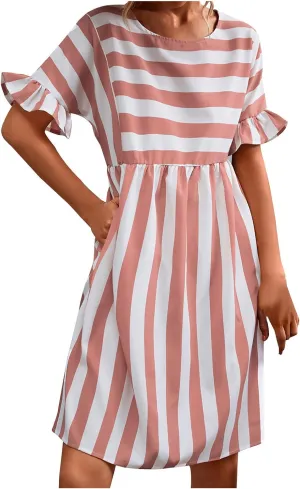 Striped Mini Dress for Women Summer Ruffle Sleeve Loose T Shirt Dress Crewneck Pleated Casual Dress with Pockets