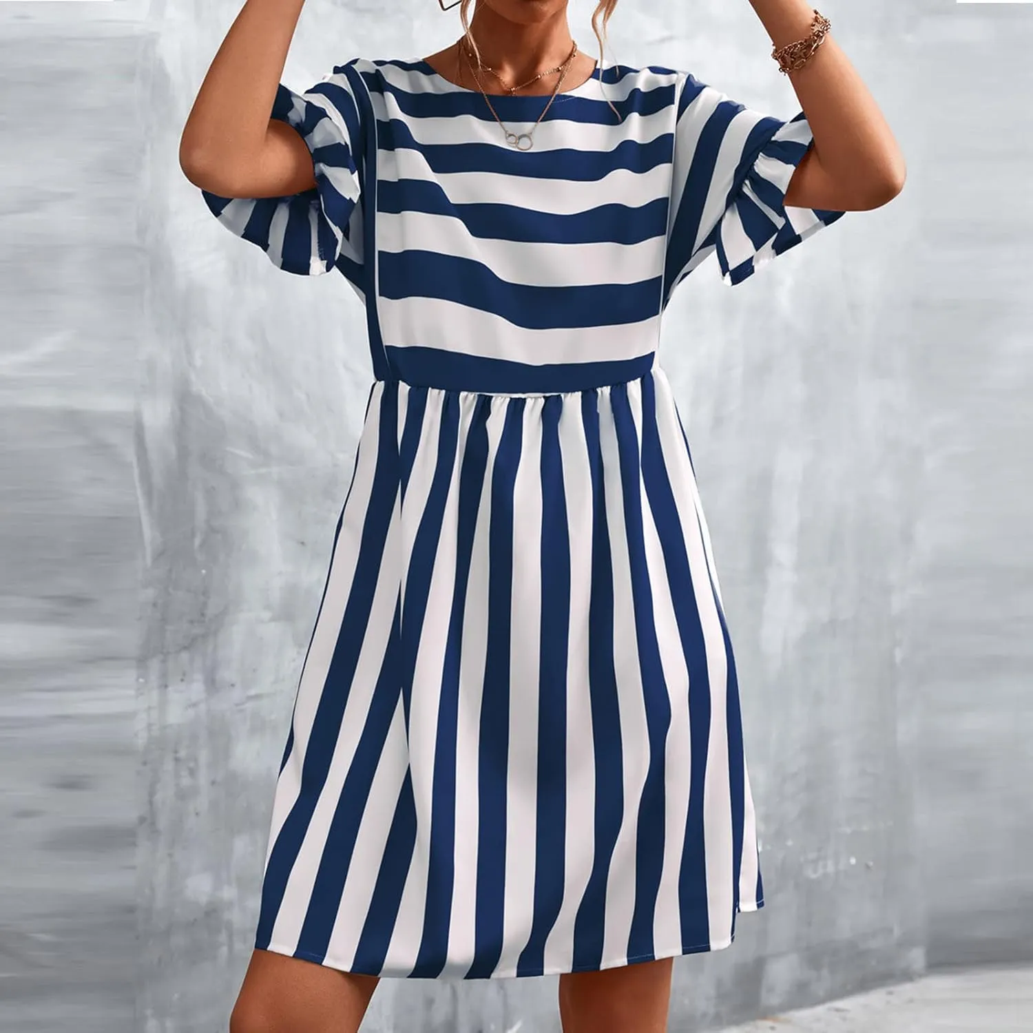 Striped Mini Dress for Women Summer Ruffle Sleeve Loose T Shirt Dress Crewneck Pleated Casual Dress with Pockets