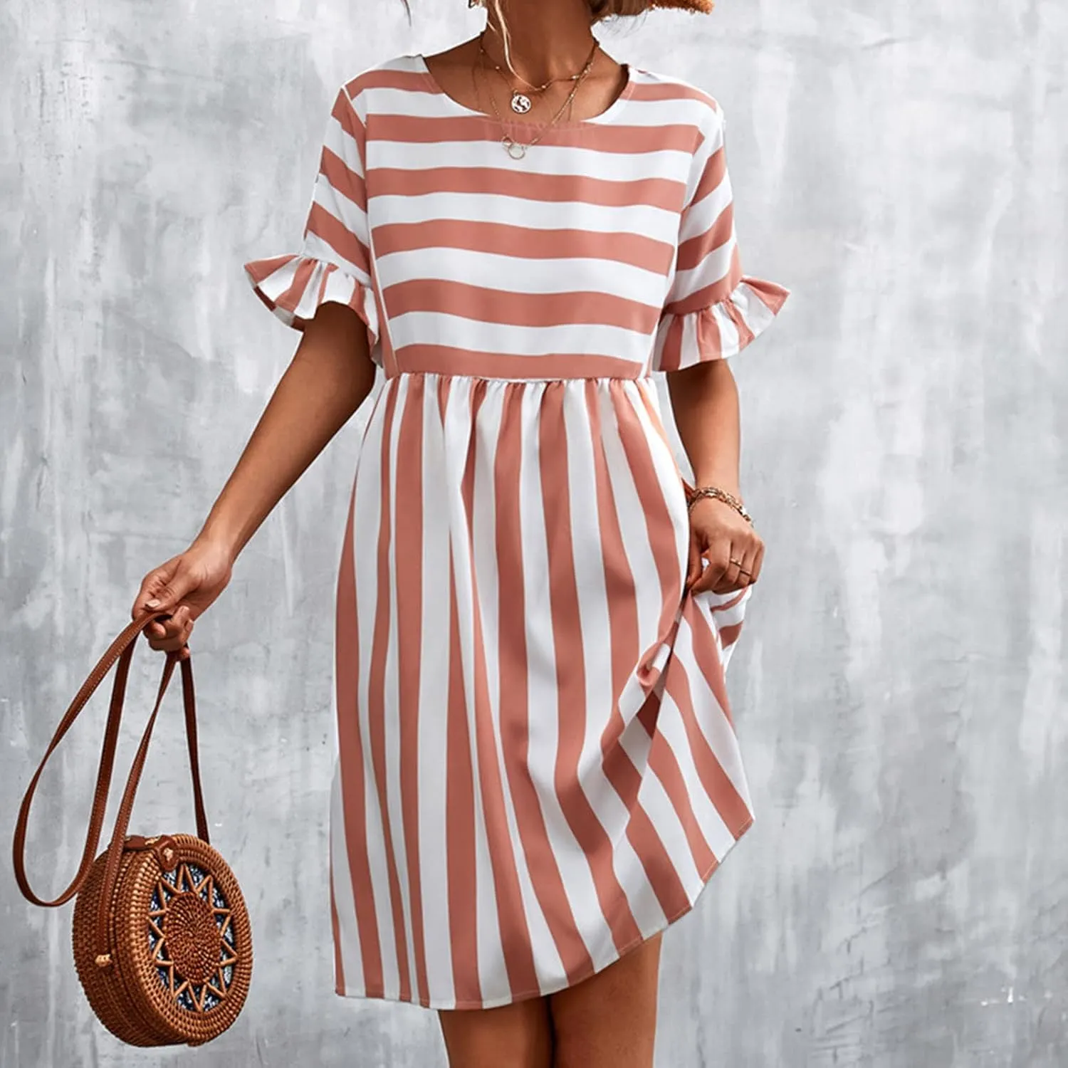 Striped Mini Dress for Women Summer Ruffle Sleeve Loose T Shirt Dress Crewneck Pleated Casual Dress with Pockets