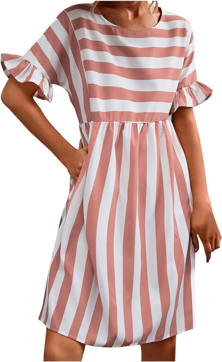 Striped Mini Dress for Women Summer Ruffle Sleeve Loose T Shirt Dress Crewneck Pleated Casual Dress with Pockets
