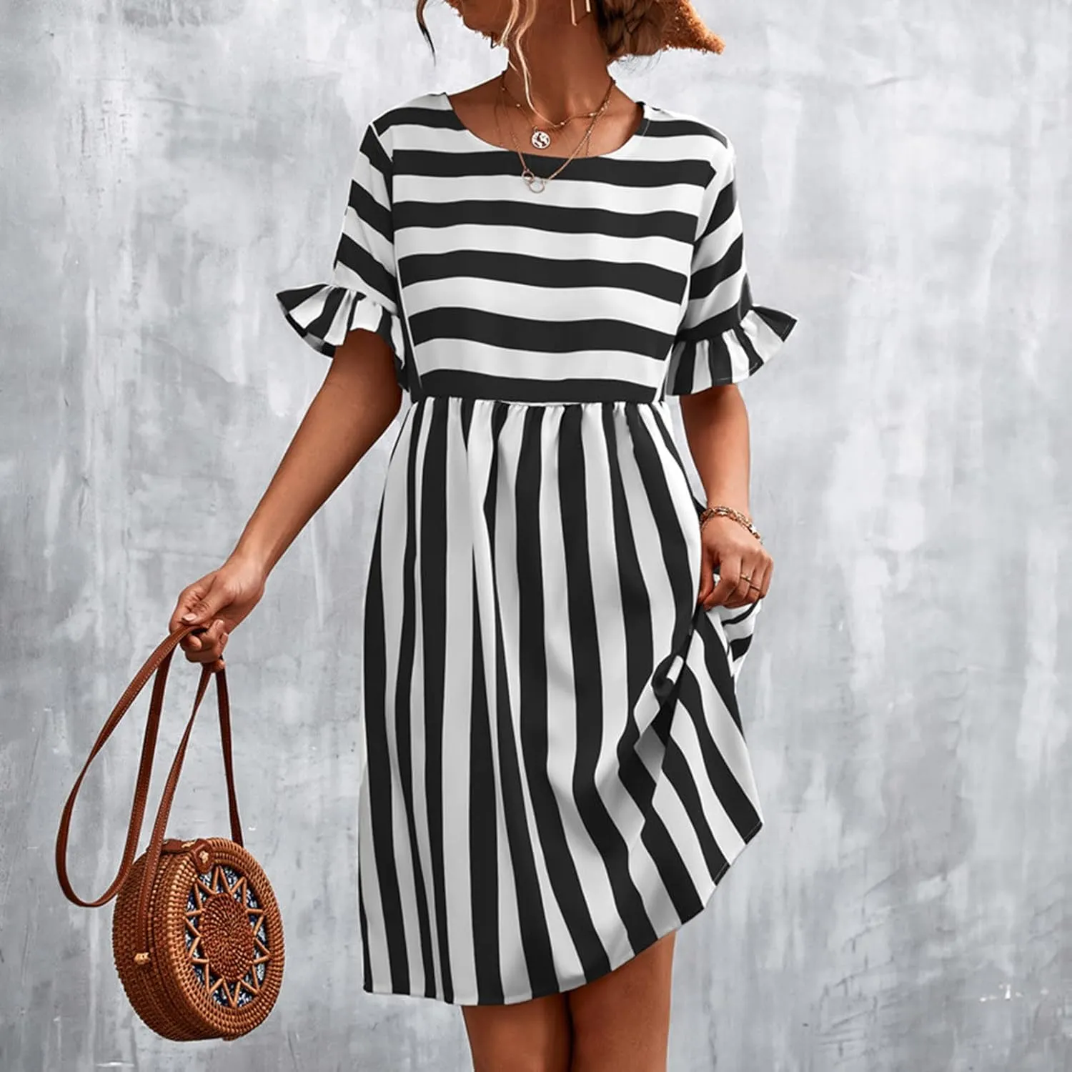 Striped Mini Dress for Women Summer Ruffle Sleeve Loose T Shirt Dress Crewneck Pleated Casual Dress with Pockets