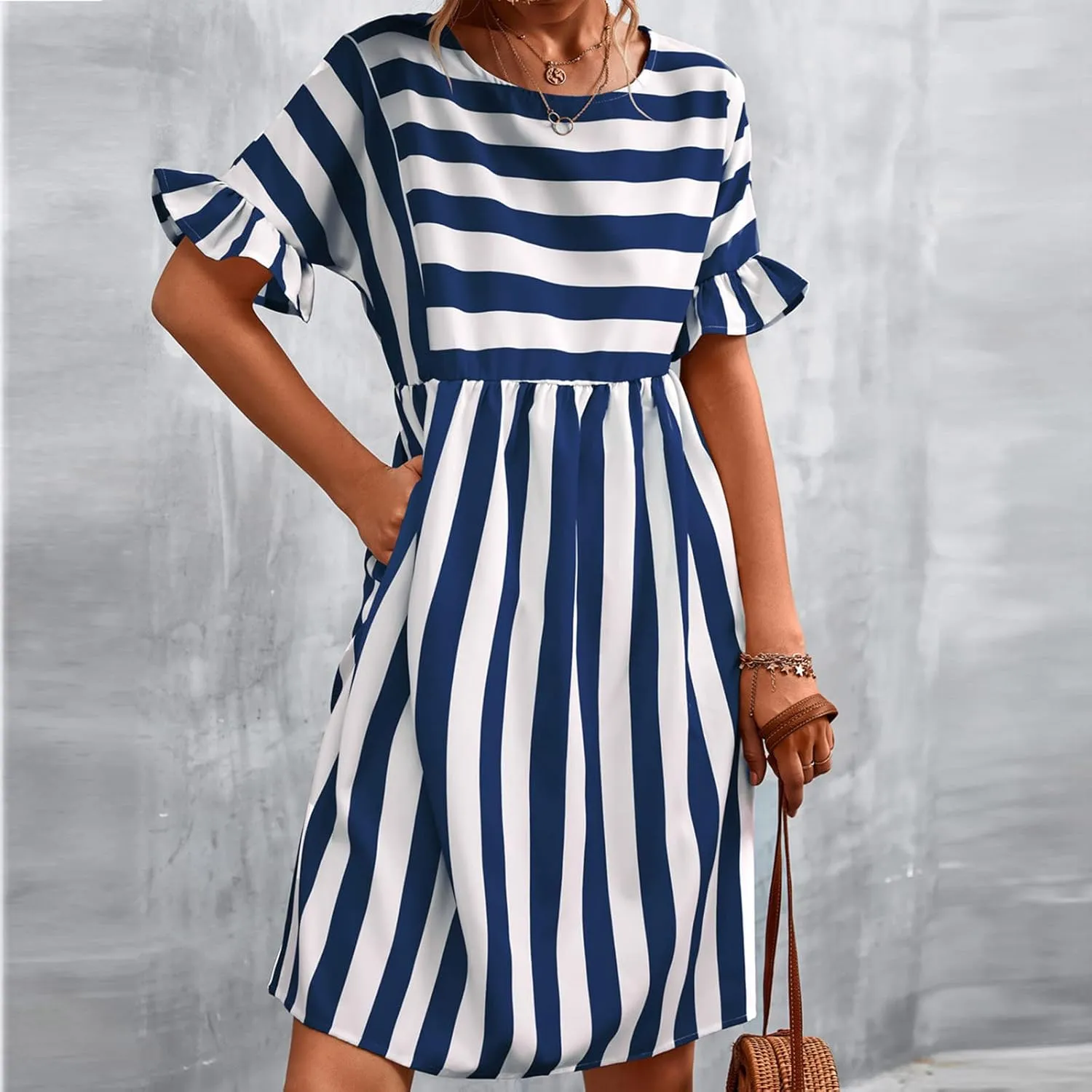 Striped Mini Dress for Women Summer Ruffle Sleeve Loose T Shirt Dress Crewneck Pleated Casual Dress with Pockets