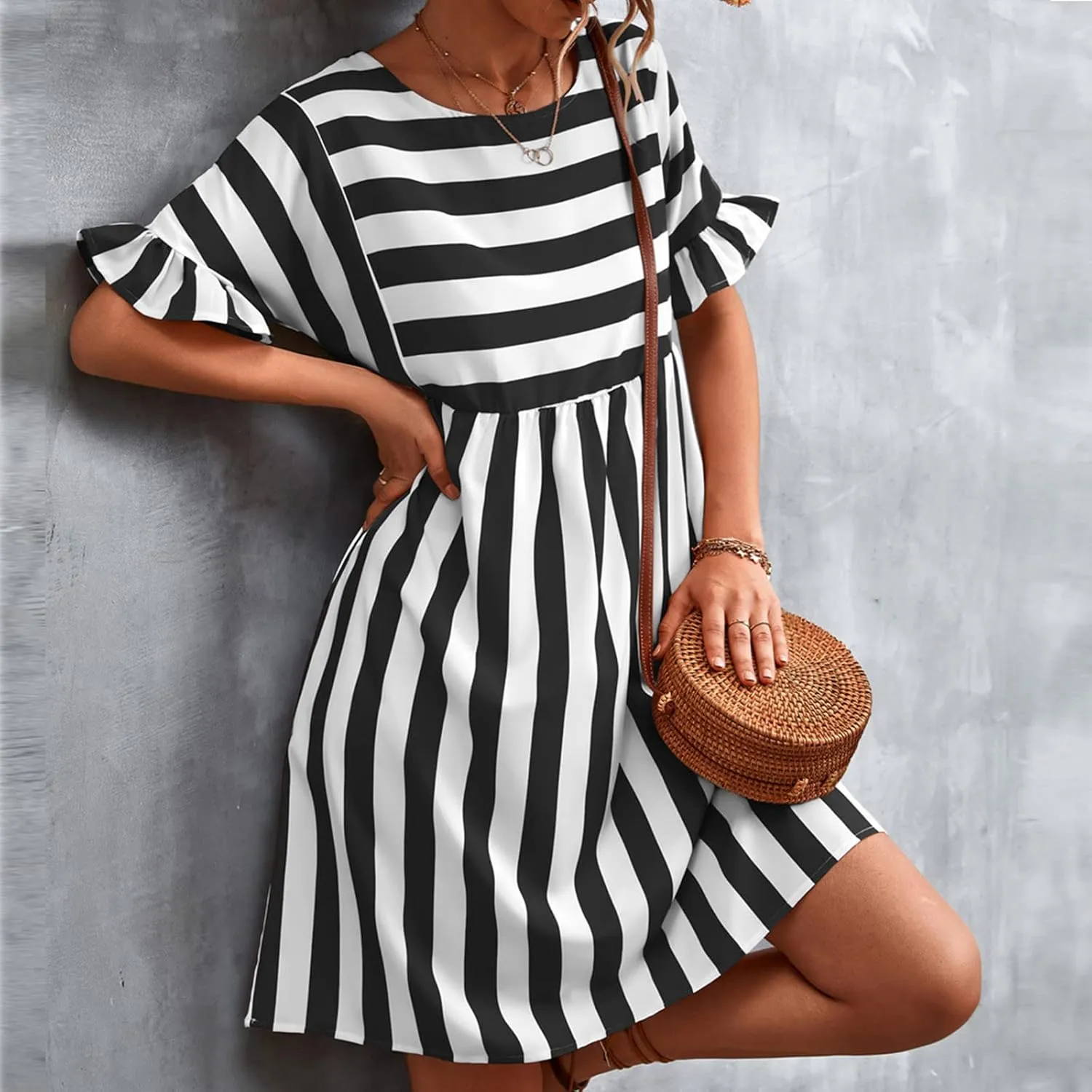 Striped Mini Dress for Women Summer Ruffle Sleeve Loose T Shirt Dress Crewneck Pleated Casual Dress with Pockets
