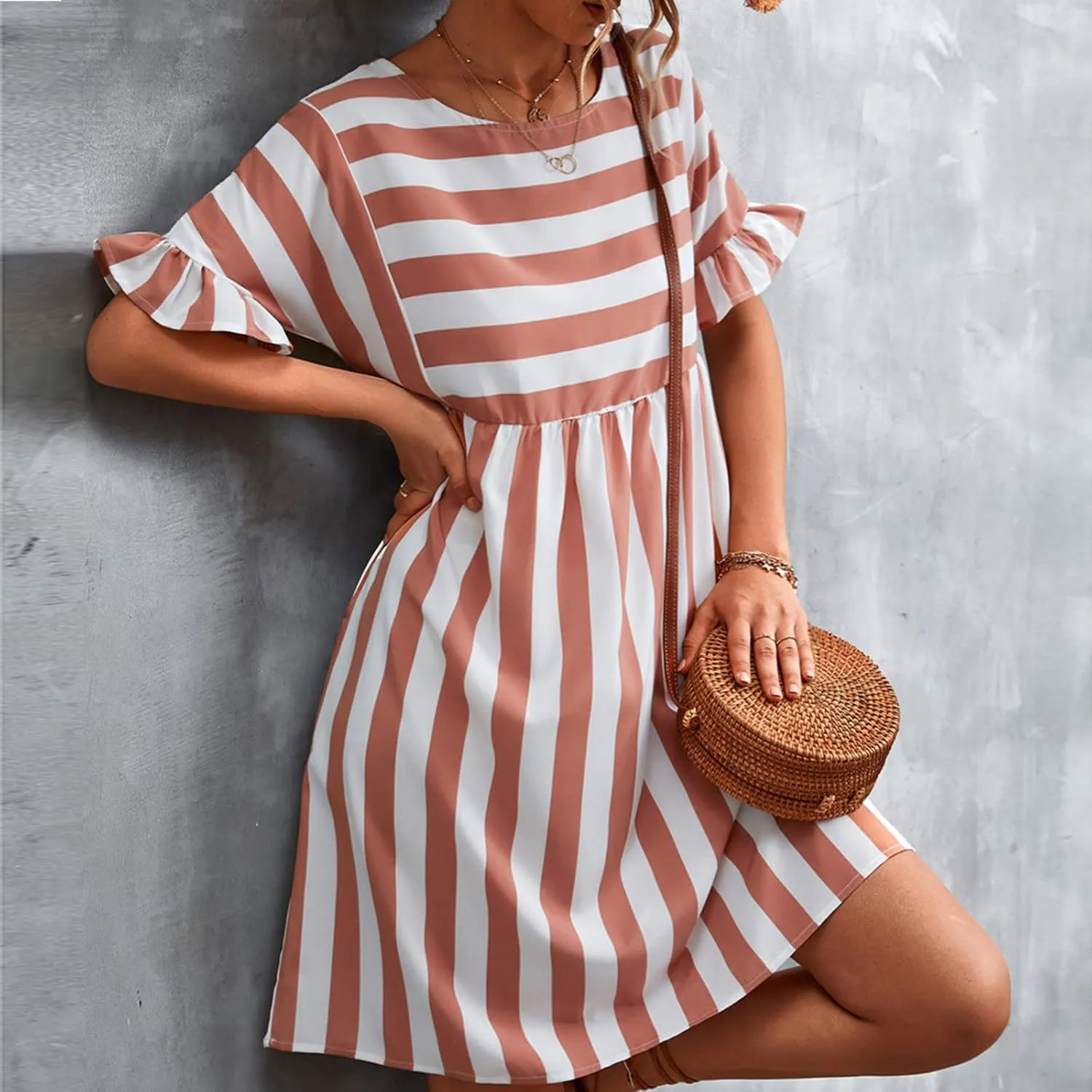 Striped Mini Dress for Women Summer Ruffle Sleeve Loose T Shirt Dress Crewneck Pleated Casual Dress with Pockets